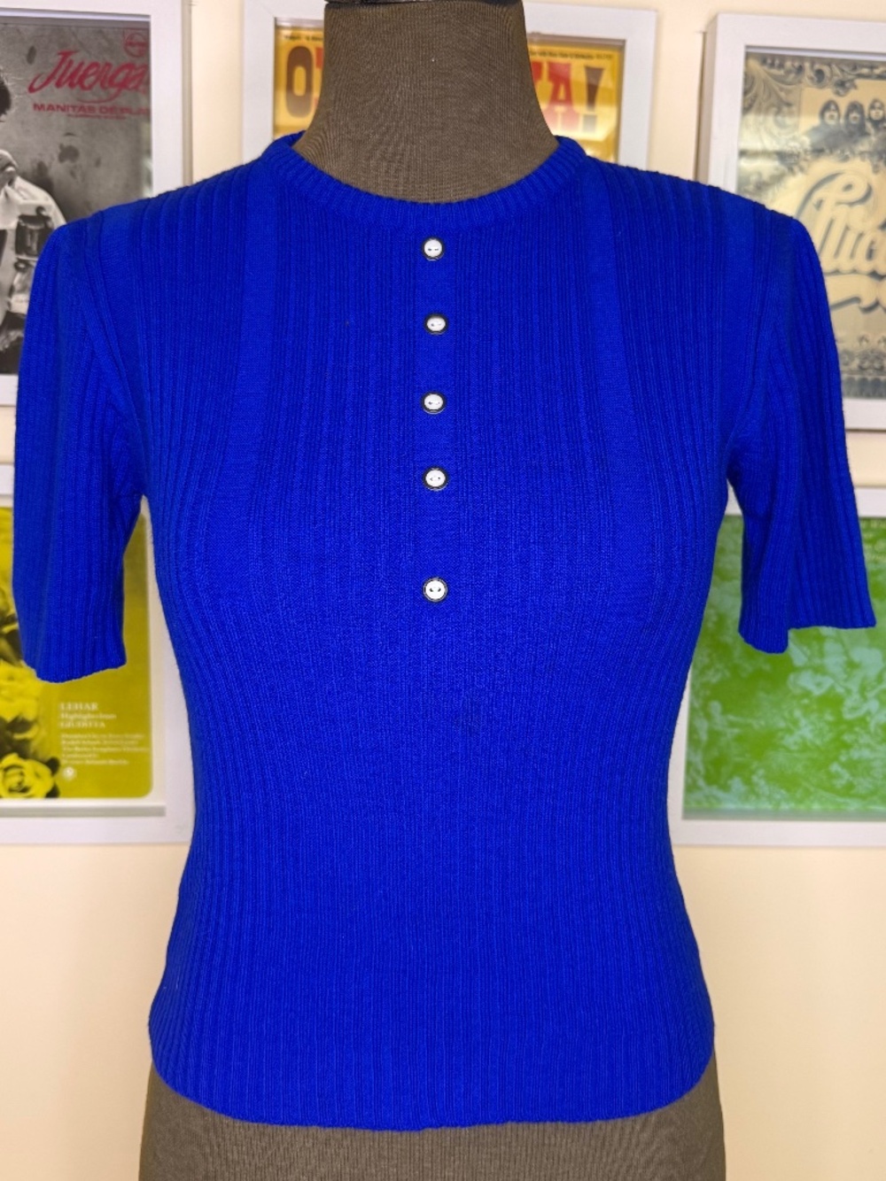 Electric Blue Ribbed Knit Top – Minimalist 90s Fitted Button Detail Tee